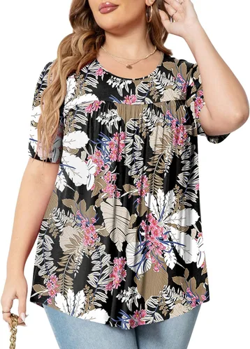 Vista 3 de Anydeer Blusas tipo túnica de talla grande para mujer, estilo casual, cuello redondo, plisadas, acampanadas