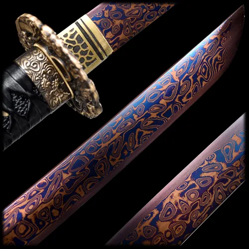 Vista 4 de Katana samurái japonesa azul horneada de acero Damasco de espiga completa, hecha a mano, decoración estampada Negro
