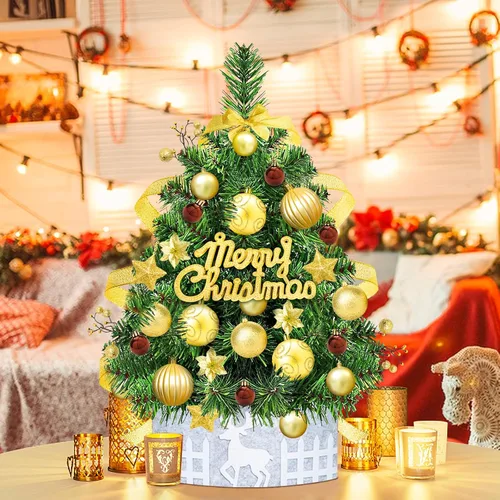 Vista 4 de Mini árbol de Navidad de mesa de 2 pies, árbol de Navidad pequeño dorado para interiores y hogar, granja, chimenea, mesa, decoración de Navidad