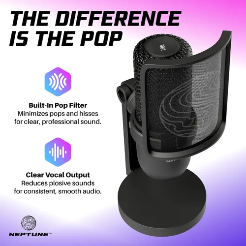 Vista 5 de Neptune Sonus - Micrófono para juegos Micrófono de transmisión con filtro pop para claridad vocal Micrófono de escritorio para transmisión, Negro