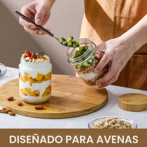Vista 4 de NETANY Paquete de 6 tarros de vidrio de 16 onzas con tapas herméticas, recipientes de avena durante la noche con tapas de bambú, tarros de ensalada