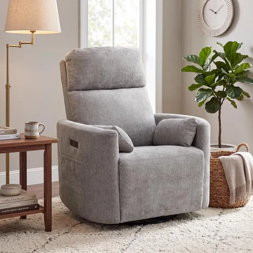 Vista 15 de Silla reclinable giratoria de gran tamaño con calor y masaje, mecedora con reposacabezas ajustable, silla reclinable manual mecedora con 2 Chenille
