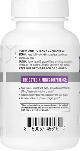 Vista 3 de NBI Osteo-K Bone Support - Mini Complejo de vitamina D y K con suplemento de citrato de calcio 45 mg de vitamina K2 (MK4) para una salud