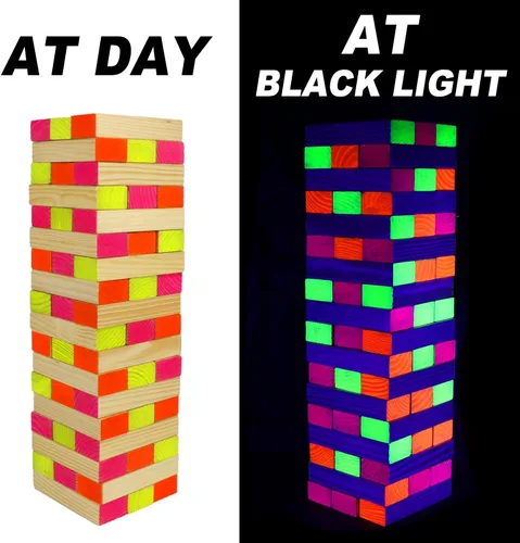 Vista 2 de Ahuimeius Juego de 54 piezas de torre gigante para exteriores, juego de torre que brilla en la luz negra, juego de mesa al aire libre para adultos