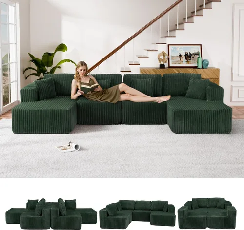 Vista 10 de Sofá cama modular en forma de U de 141.73 pulgadas, sofá de pana modular 6 en 1 con sensación suave como una nube, bolsa de almacenamiento