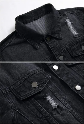 Vista 3 de LZLER Chaquetas de mezclilla para hombre, desgastadas, clásicas, vintage, ajustadas, rasgadas, a la moda, 2024, chaquetas de mezclilla de camionero