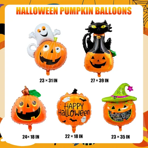 Vista 2 de Juego de 5 globos de calabaza de Halloween, globos de calabaza naranja para decoraciones de fiesta de Halloween (calabaza)