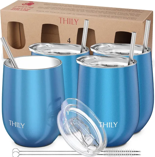 Vista 5 de THILY Paquete de 4 vasos de vino de acero inoxidable con aislamiento al vacío con tapas deslizantes y pajitas, 12 onzas, mantiene el frío para jugo