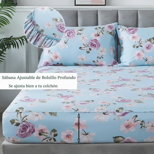 Vista 3 de FADFAY Juego de sábanas tamaño King, sábanas de algodón percal rosa floral con bolsillo profundo, ropa de cama vintage lujosa azul con estampado