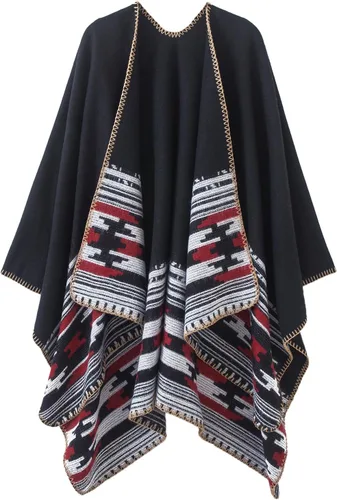 Vista 23 de Chal estilo poncho de frente abierta con patrón vintage para mujer, abrigo de invierno Serie 15-negro