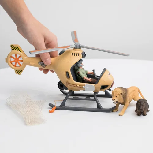 Vista 3 de Schleich Wild Life - Juego de helicóptero de rescate de animales de 8 piezas con figuras de león e hipopótamo, altamente detallado, duradero