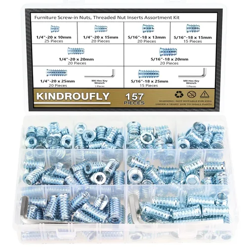 Vista 21 de Juego de 142 piezas: Insertos roscados de 1/4"-20 (10mm, 15mm, 20mm, 25mm), tuercas e insertos de madera para tornillos de muebles de madera, azul