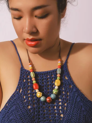 Vista 6 de MINACHI Hippie Boho - Collar de cuentas redondas de cerámica colorida, estilo bohemio, regalo de joyería para mujer