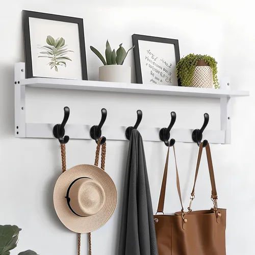 Vista 9 de Tatub Perchero de pared de 29 pulgadas con estante, ganchos de pared de madera con almacenamiento, estante de entrada con 5 perchas para baño, sala