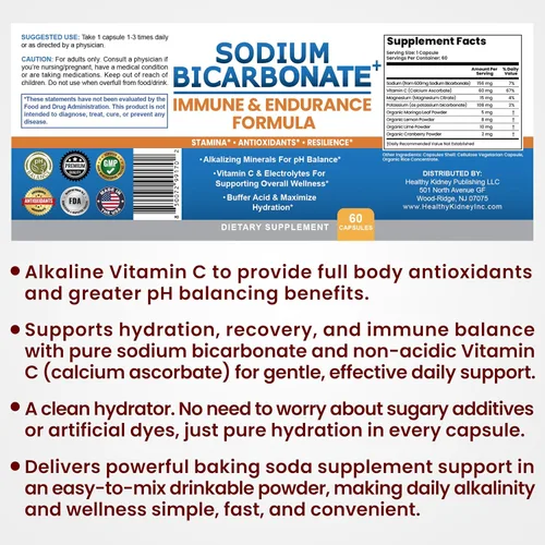 Vista 6 de Fórmula de bicarbonato de sodio + inmune y resistencia con bicarbonato de sodio sin aluminio, potasio, magnesio, VIT C y superalimentos. Cápsulas