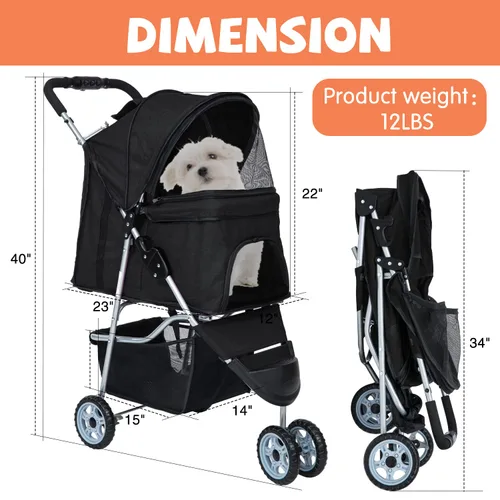 Vista 6 de Cochecito para perros pequeños, cochecito para mascotas, carrito plegable, ligero, impermeable, con cesta de almacenamiento para cachorros, perros