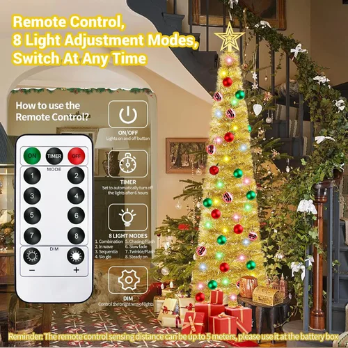 Vista 2 de HISFFOG Árbol de Navidad de Oropel Emergente Preiluminado de 5 Pies con 8 Modos de Ajuste de Luz, 50 Luces de Colores con Control Remoto, Operado