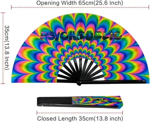 Vista 4 de Ravevibes Ventilador de mano plegable grande de 13 pulgadas, ventilador de bambú para festivales de bambú, ventiladores de Edm con brillo UV