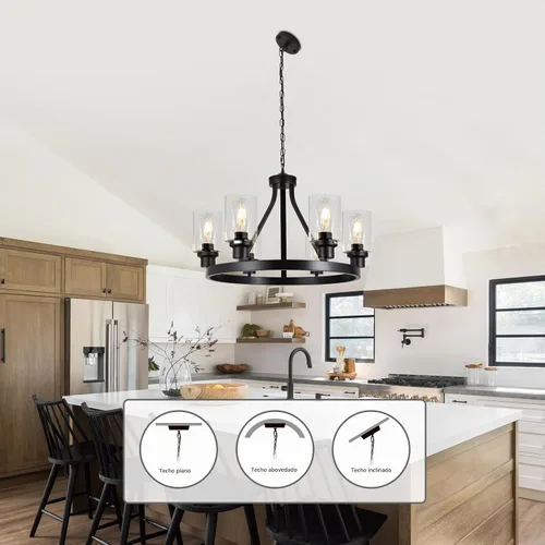 Vista 5 de lámpara de araña de granja de 6 luces con rueda de vagón, accesorios de luz colgante para comedor, sala de estar, isla de cocina, vestíbulo