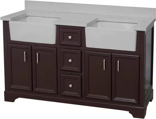 Vista 5 de Kitchen Bath Collection Zelda - Mueble de granja doble de 60 pulgadas (cuarzo/chocolate): incluye gabinete de chocolate con impresionante encimera