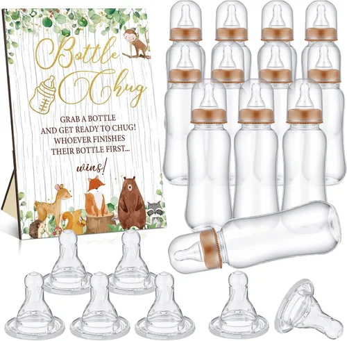 Vista 19 de TrelaCo Safari Cool Baby Shower Games Bottle Chug Sign Wooden Jungle Animals Set de regalo para revelación de género suministros de fiesta y 12