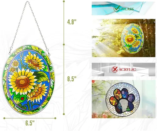Vista 5 de XLAN Atrapasoles ovalados de girasol, colgantes de vitral, colgante decorativo de atrapasoles, decoración hecha a mano, regalos para familiares