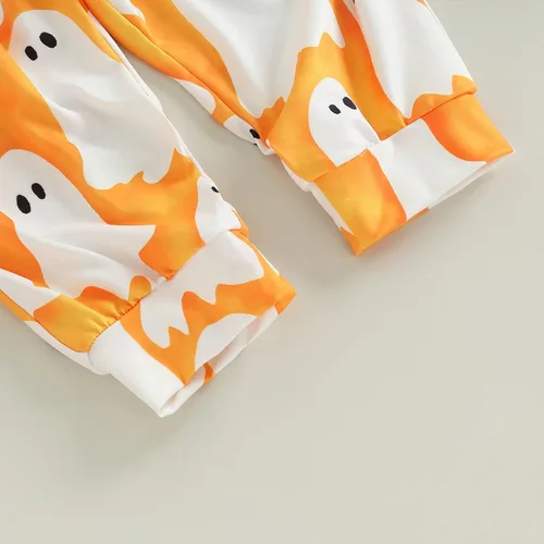 Vista 4 de Traje de Halloween para niña pequeña, con estampado de fantasmacalabaza, sin mangas, overol de una pieza