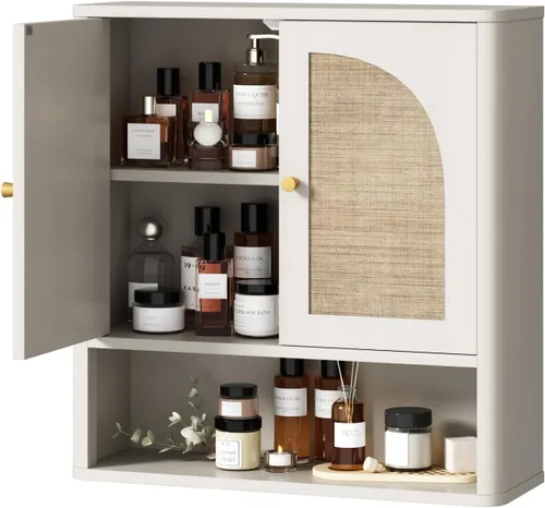 Vista 9 de RUSTOWN Mueble de pared de baño de ratán con 2 puertas arqueadas y estante Blanco rústico