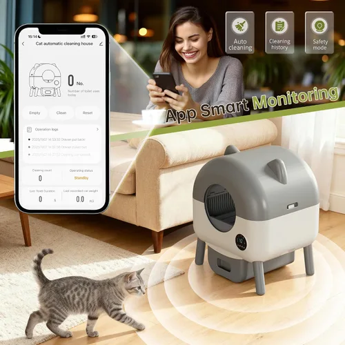 Vista 3 de Greesum Caja de arena automática totalmente cerrada de gran capacidad, 76L, diseño de orejas de gato con bolsas de basura, caja de aroma y cepillo