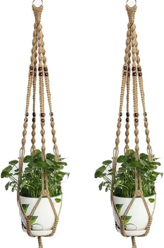 Vista 2 de 2 piezas de macramé para colgar en la pared, soporte para macetas, cuerda de yute, decoración interior y exterior