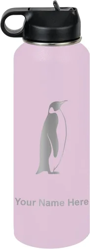 Vista 73 de LaserGram Botella de agua personalizada, pingüino, acero inoxidable de doble pared aislada al vacío con popote superior, regalo grabado