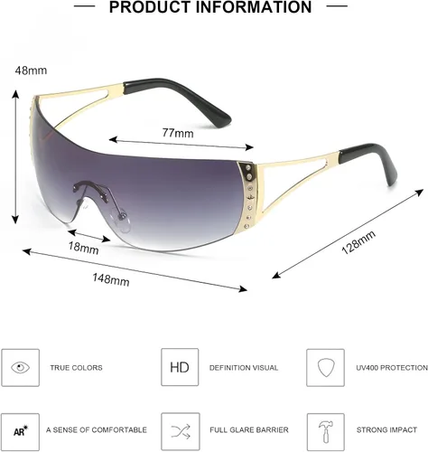 Vista 4 de SORVINO Lentes de sol Y2K sin montura para mujeres y hombres, diseño de escudo futurista de moda, de gran tamaño de los años 2000, con estrellas