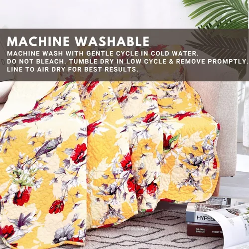 Vista 2 de DaDa Bedding Edredón de regazo floral amarillo, manta acolchada, colibríes, flores rojas de granja para sofá, sofá o cama, bordes festoneados Sol