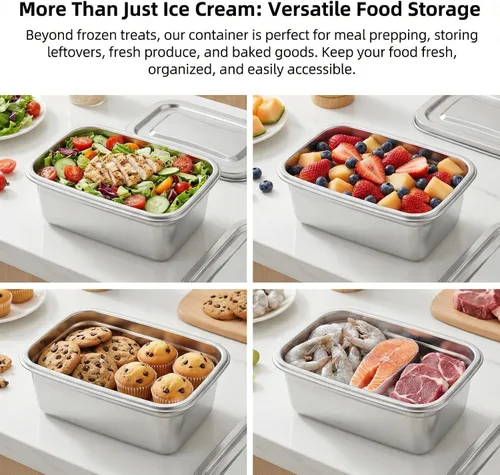Vista 7 de Hemoton Recipientes de almacenamiento de helado reutilizables con tapas, caja de acero inoxidable para congelador, tina de helado aislada