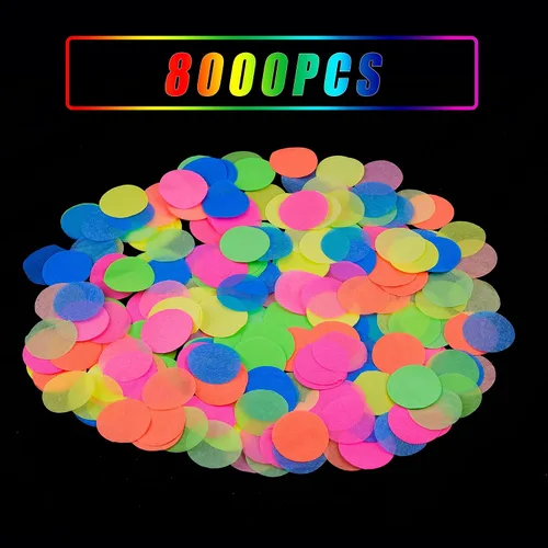 Vista 4 de 10000 piezas de confeti redondo de neón UV, 5 colores, confeti de tejido fluorescente de neón, punto de luz negra, confeti de fiesta brillante