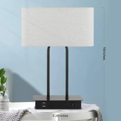 Vista 8 de Lámpara de mesa con control táctil y puertos de carga USB duales, 1 salida de CA, lámpara de mesita de noche moderna regulable de 3 vías con Crema