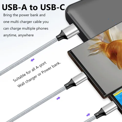 Vista 4 de Puxnoin Cable de carga múltiple, cable divisor USB C, cable de carga rápida 3 en 1 con 3 puertos macho tipo C compatible con teléfonos celulares