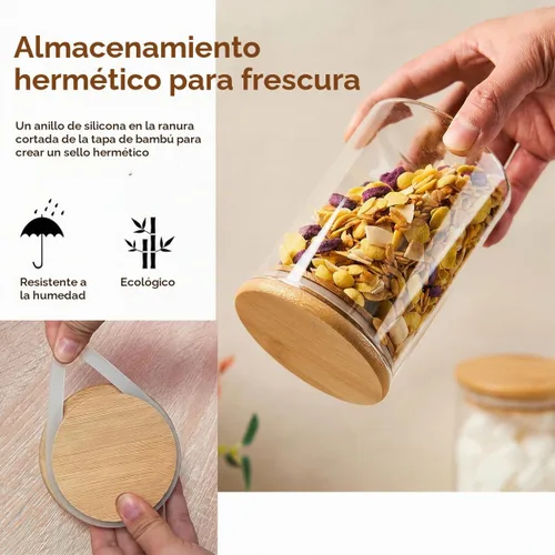 Vista 5 de Recipientes de Café Azúcar Sales - Frascos de 15 oz de Vidrio Hermético Caning con Tapas de Bambú y Cucharas Medidoras, Almacenamiento de Avena