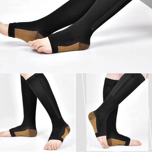 Vista 2 de Calcetines de compresión de cobre para mujeres y hombres, punta abierta, 15-20 mmHg, es el mejor apoyo para la recuperación de la circulación y uso