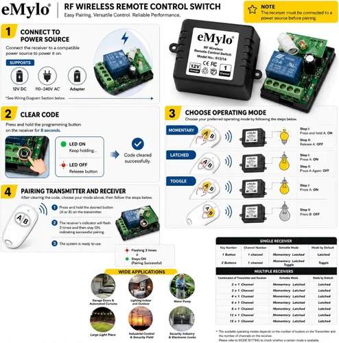 Vista 4 de Interruptor de relé RF inteligente eMylo Interruptor de control remoto inalámbrico DC 12V Módulo momentáneo de un canal 433Mhz receptor de relé