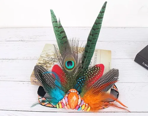 Vista 3 de Tocado hippie de plumas de pavo real indio para mujer, disfraz de Halloween, carnaval, fiesta de lujo