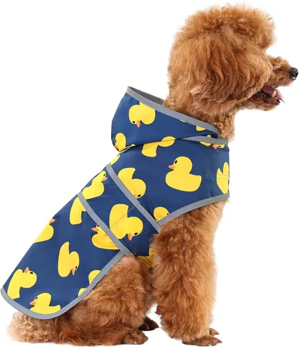 Vista 32 de Impermeable para perros pequeños y cachorros, chaqueta impermeable con capucha con tiras reflectantes, agujero para la correa y poncho de ajuste