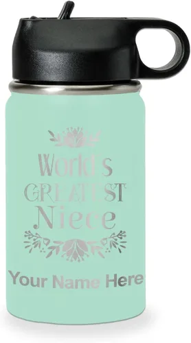 Vista 56 de LaserGram Botella de agua con tapa abatible de doble pared de 12 onzas con pajilla, sobrina más grande del mundo, grabado personalizado incluido