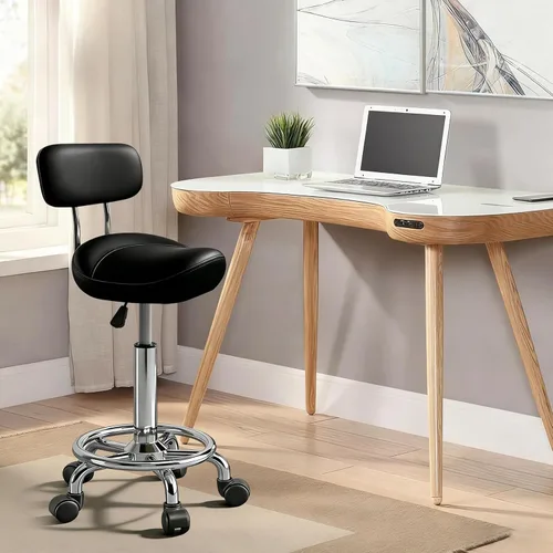 Vista 8 de Taburete con pedal de anillo y respaldo, silla hidráulica ajustable con ruedas para uso médico, masaje, salón, spa, cocina y dibujo