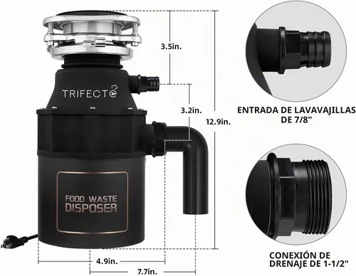 Vista 6 de Triturador de basura Trifecte de 1/2 HP para fregadero, triturador de residuos de alimentos de alimentación continua con cable de alimentación, más