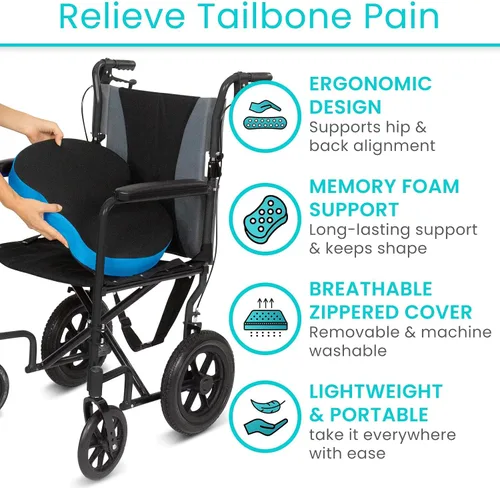Vista 2 de Vive Cojín para aliviar el dolor de coxis – Almohada de asiento de espuma viscoelástica para sillas de ruedas – para ciática, coxis, dolor