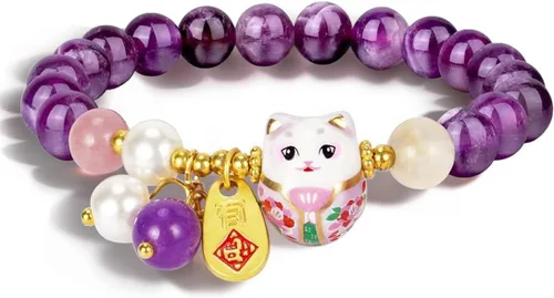 Vista 9 de Pulsera de gato de la suerte Feng Shui, joyería de buena suerte para mujer, protección de riqueza y fortuna, pulseras de cristal de piedras