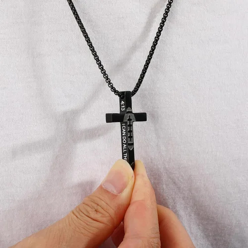 Vista 4 de Collar de cruz con versículo bíblico de fútbol para niños y hombres, cadena con colgante de acero inoxidable, joyería de regalo para hijo, niños