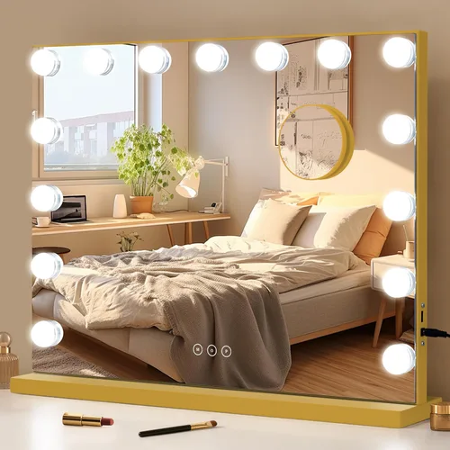 Vista 11 de Espejo de tocador con luces, espejo de maquillaje iluminado con bombillas LED regulables, 3 modos de iluminación de color, puerto de carga USB, Negro