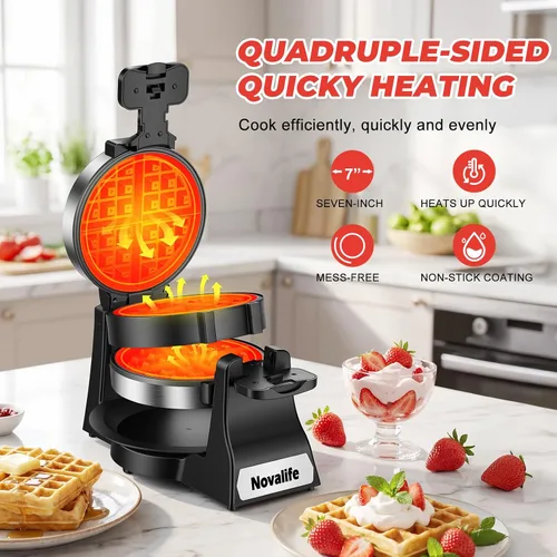 Vista 2 de Waffle Maker, 1400W Belgian Waffle Maker, Double Waffle Iron 180° Flip, 8 Slices, Rotating & Nonstick Plates, Removable Drip Tray Easy to Clean